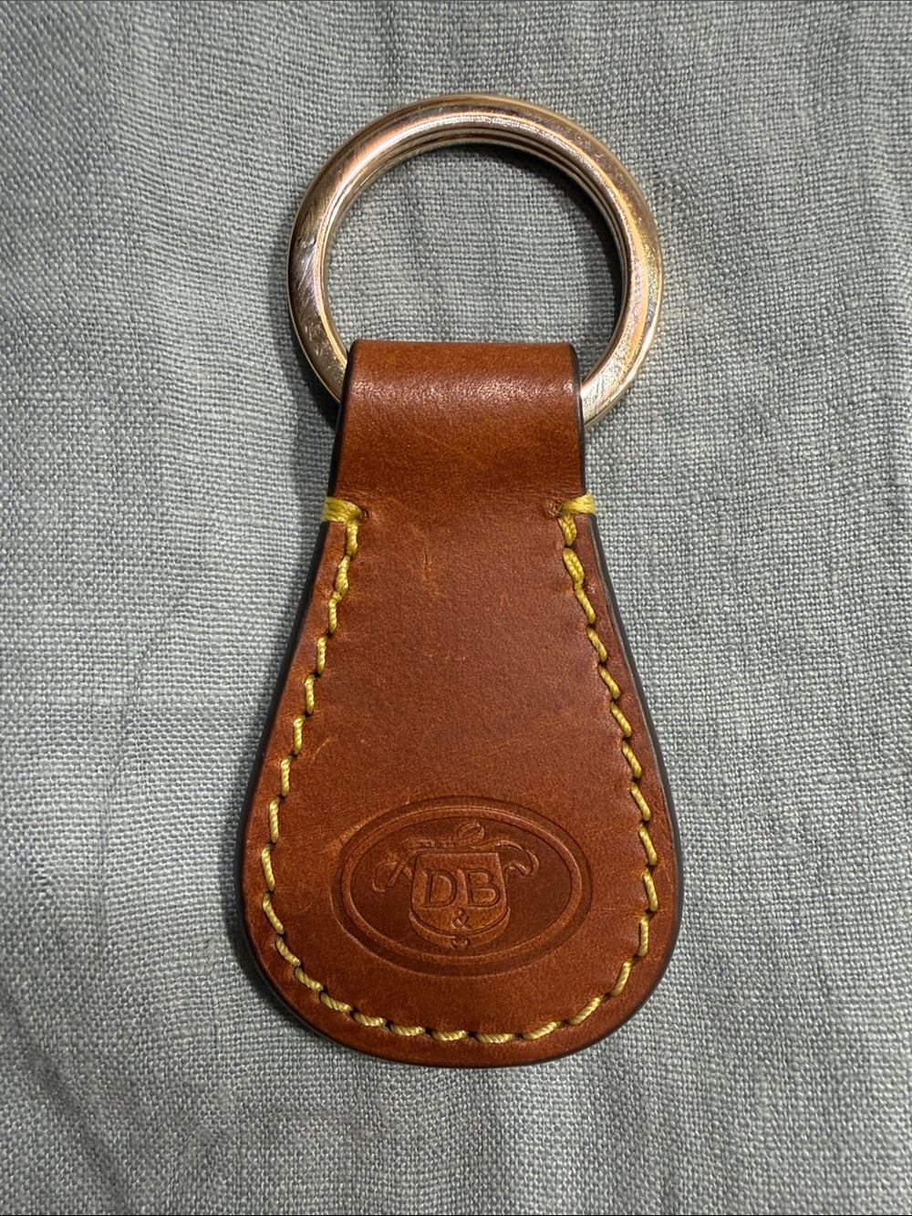 Dooney & Bourke Brown Leather Key Fob Ring with Yellow Stitching